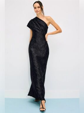 Badgley Mischka One-Shoulder Black Textured Gown